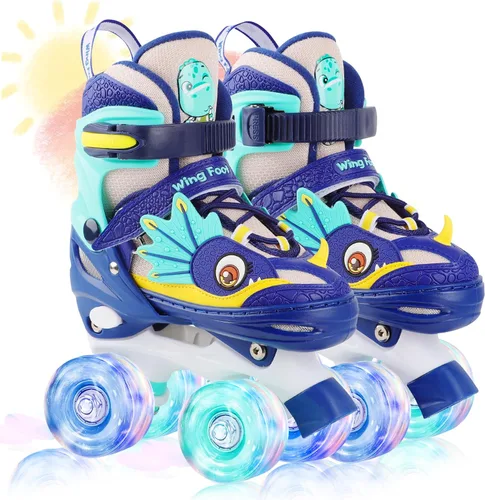 Vista 13 de Dino - Patines de ruedas para niños y niñas, WESKIFAN Dinosaur Quad Skating Shoes con ruedas brillantes y tamaños ajustables para principiantes