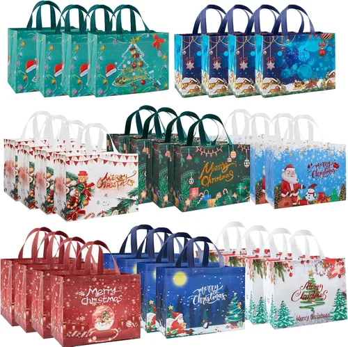 Vista 10 de YANGTE Paquete de 16 bolsas de Navidad con asas, bolsas de regalo no tejidas, 12.8" 9.8" 6.7