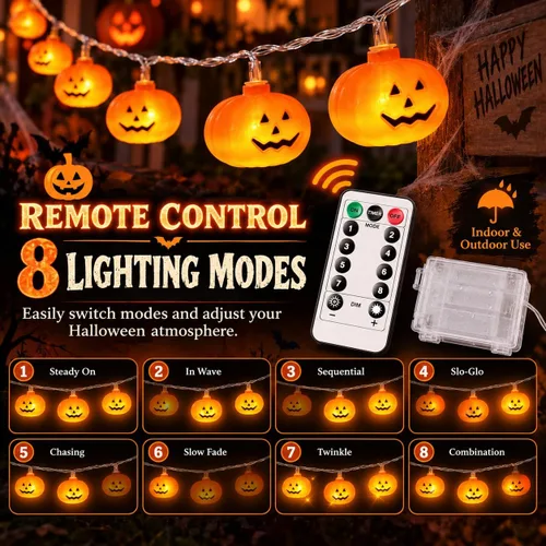 Vista 3 de Guirnalda de luces de calabaza de Halloween, 20 pies, 40 LED, control remoto, 8 modos
