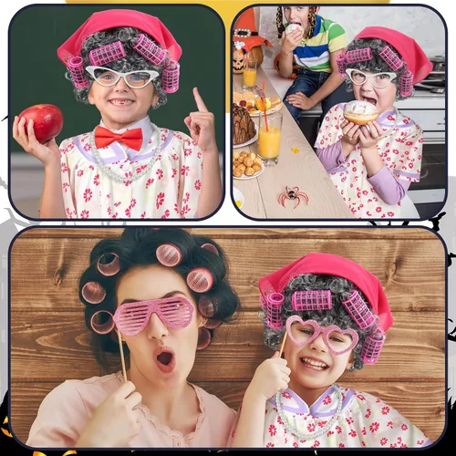 Vista 6 de 8 piezas de disfraz de anciana para niños, disfraz de abuela para niños, vestido de abuelita, peluca plegable, gafas de muleta para Halloween