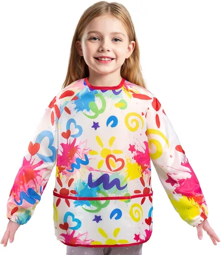 Vista 10 de WERNNSAI Bata de arte para niños impermeable con manga larga y 3 bolsillos de pintura
