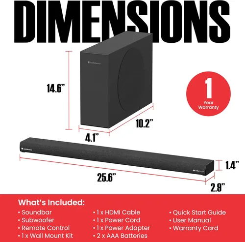 Vista 7 de Audiosource - Barra de sonido 2.1, subwoofer inalámbrico con Dolby Atmos, 120 W RMS y salida máxima de 240 W, diseño compacto, transmisión Bluetooth