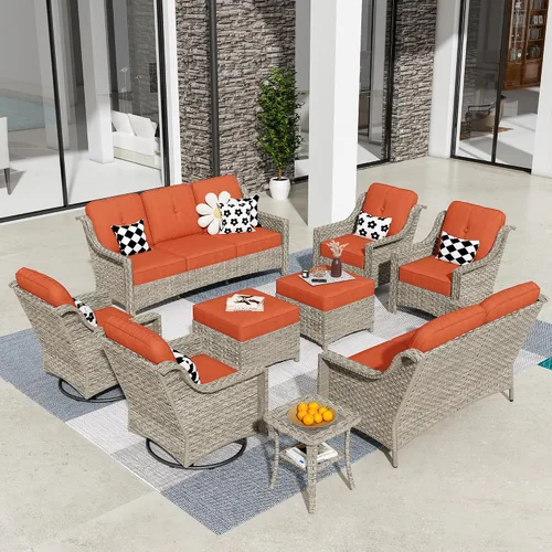 Vista 84 de HOOOWOOO Sofá de patio de 3 plazas de mimbre para exteriores, resistente a todo tipo de clima, con respaldo alto, muebles a juego (beige y bronceado)