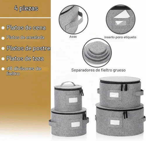 Vista 2 de Juego de 4 cajas de almacenamiento de porcelana para vajilla – Carcasa rígida y apilable – Tamaños: 12 – 10 – 8.5 pulgadas y 7 pulgadas de ancho