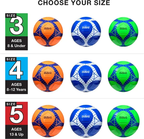 Vista 3 de Xcello Sports Balón de fútbol tamaño 4 gráficos surtidos (naranja, verde, azul marino) con bomba (paquete de 6)