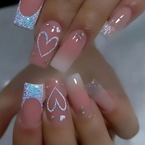 Vista 8 de Uñas postizas francesas a presión con forma de ataúd rosa estrella, diamantes de imitación, diseño brillante, cobertura completa, uñas acrílicas, 24