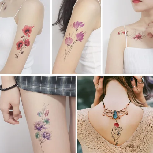 Vista 6 de Tatuaje temporal impermeable de 10 brazos rosa rojo rosa rosa flor grúa palabras + 7 hojas de cuello lindo hoja de nube