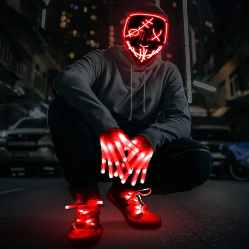 Vista 5 de Juego de 3 máscaras LED de Halloween con luces y cordones brillantes máscara de miedo disfraz de Halloween fiesta de cosplay para adultos y niños