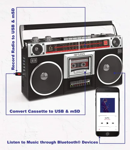 Vista 4 de Riptunes Boombox Radio Reproductor Grabador de Casetes, Radio AM/FM -SW1/SW2, Transmisión Inalámbrica, Ranuras USB/Micro SD, Entrada Aux, Conector