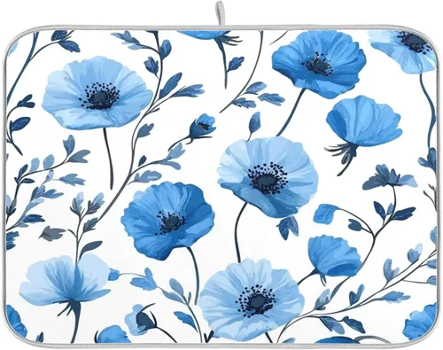 Vista 55 de Tapete de secado de platos de primavera naranja con flor de amapola para encimera de cocina, tapete escurridor absorbente de microfibra, tapete