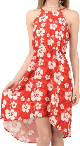 Vista 2 de CowCow Vestido de verano con cuello en V para mujer, diseño de hibisco hawaiano, flores tropicales, floral, vestido de gasa con cuello halter, Verde