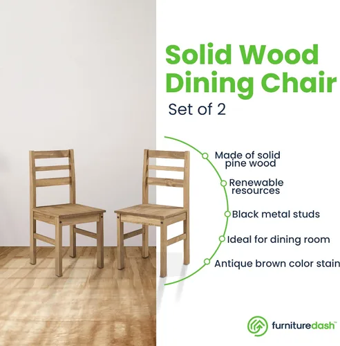 Vista 4 de Furniture Dash Silla de comedor de madera maciza, juego de 2, silla de cocina sin brazos de granja con respaldo de escalera, ideal para sala