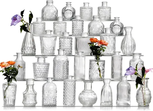 Vista 10 de Juego de jarrones de cristal para capullos de 20 piezas - Jarrones pequeños para flores a granel - Jarrones de cristal vintage surtidos para flores