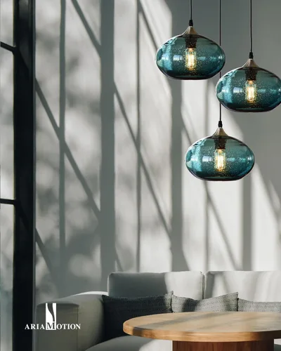 Vista 9 de Iluminación Colgante para Isla de Cocina de Cristal Azul Moderno Lámpara Colgante con Burbujas Texturizadas Sobre Fregadero 9.4 Pulgadas de Diámetro