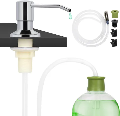 Vista 13 de Dispensador de jabón para platos para fregadero de cocina de níquel cepillado, dispensador de jabón para debajo del fregadero con cabezal de bomba