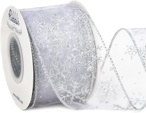 Vista 7 de Ribbli Cinta con alambre de purpurina de copo de nieve, organza dorada transparente con patrón de copo de nieve con purpurina dorada y borde
