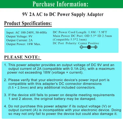 Vista 2 de Adaptador de fuente de alimentación de 9 V, 2 A, CA 100-240 V a CC 9 V, certificado UL, compatible con 9 voltios, 2 A, 1.5 A, 1 A, 0.5 A, 2000 mA