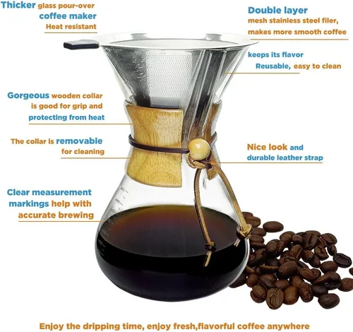 Vista 4 de Subjectthree - Juego de cafetera de vidrio para verter sobre 6 tazas con filtro reutilizable, fácil de limpiar para camping, oficina, cafeterías