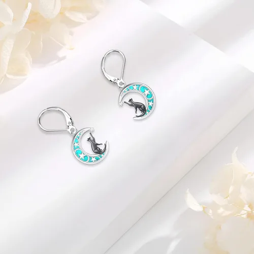Vista 191 de Aretes colgantes de plata de ley con diseño de árbol de la vida, flor, abeja, animales, gato, colibrí, piedra lunar, turquesa, aretes con cierre