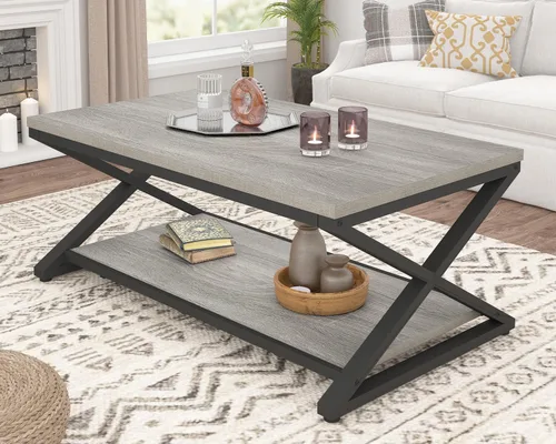 Vista 10 de HSH Mesa de sala de estar de madera de metal minimalista moderna negra con estante de almacenamiento, mesa central rectangular de 39 pulgadas y 2