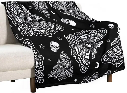 Vista 22 de Manta gótica de franela de polilla abstracta, mágica, bohemia, mariposa, esqueleto, luna, estrellas, manta estética para hombres, mujeres, niñas