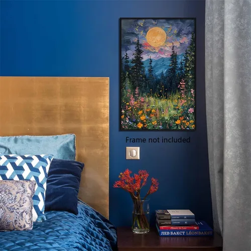 Vista 8 de Yuaruo Póster vintage de luna llena sobre las flores silvestres, lienzo místico de bosque de medianoche para pared, pintura al óleo retro de flores