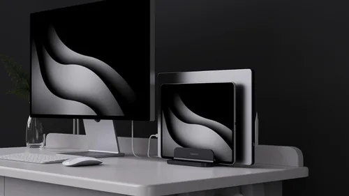 Vista 9 de Organizador vertical de aluminio doble para laptop, soporte resistente para computadora portátil compatible con Liquid Retina XDR Apple MacBook Negro