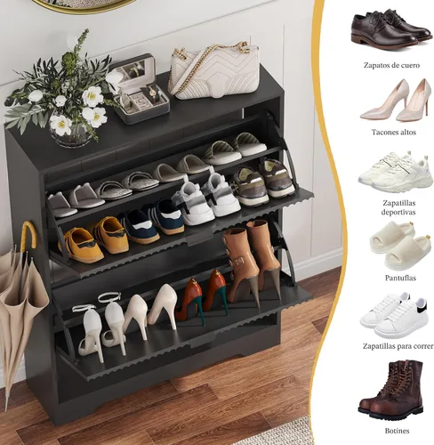 Vista 4 de HUANLEGO Armario de zapatos para entrada con 2 cajones abatibles, armario de zapatos acanalado negro con almacenamiento abierto, zapatero oculto