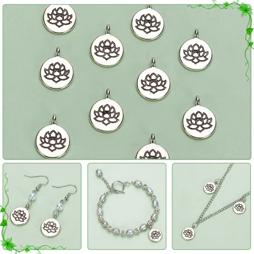 Vista 4 de PH PandaHall 60 dijes de flores de loto, de aleación tibetana de plata antigua, dijes florales planos, dijes de cuentas de metal para pulseras