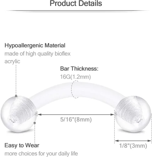 Vista 2 de FECTAS Piercing para cejas, joyería vertical para labio, barra curvada de 0.56 oz, diminutos anillos para cejas, ombligo, oreja, hélice, caracola