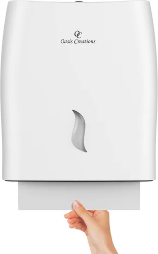 Vista 7 de Oasis Creations - Dispensador de toallas de papel sin contacto para montaje en pared, capacidad para 500 toallas de papel multipliegues, color negro
