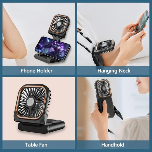 Vista 4 de Ventilador de mano portátil con soporte para teléfono, fuente de alimentación de 3000 mAh, ventilador de cuello recargable USB, ventilador pequeño