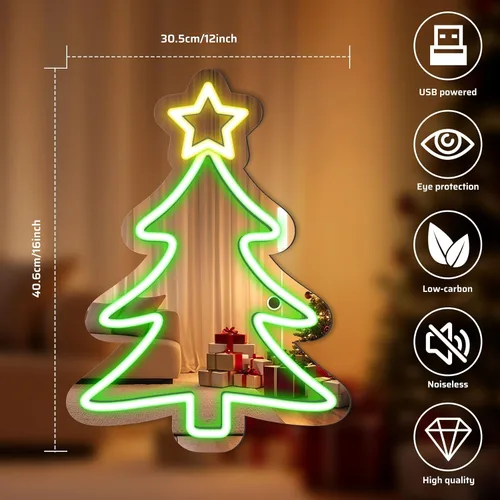 Vista 6 de Espejo de árbol de Navidad de 16 x 12 pulgadas, letrero LED de neón acrílico alimentado por USB, perfecto para decoraciones de vacaciones, fiestas