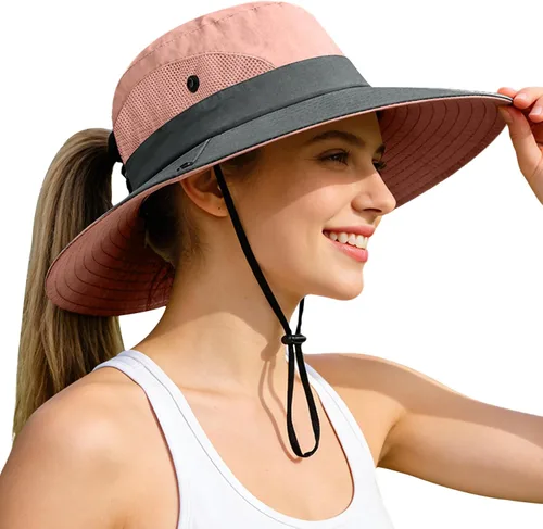 Vista 14 de Rosoz Sombreros de cola de caballo para mujer, protección UV, ala ancha 1 paquete-negro