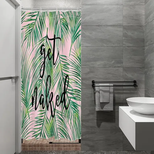 Vista 22 de LB Cortina de ducha de plantas de hojas verdes tropicales, citas divertidas y hojas de palma en cortinas de ducha beige para baño, tela de poliéster