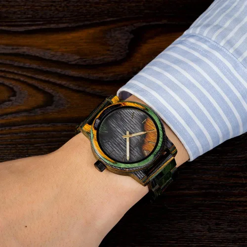 Vista 2 de BOBO BIRD Reloj de madera para hombre, reloj de pulsera analógico de cuarzo de moda, relojes de madera hechos a mano coloridos para hombres