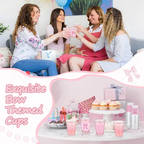Vista 6 de Qinyoung 100 vasos de plástico con lazo rosa de 12 onzas, vasos desechables de coqueta, lazo rosa y corazón, vasos de plástico transparente