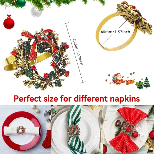 Vista 2 de ZeeDix Juego de 6 servilleteros de corona de Navidad, servilleteros de Navidad para servilletas de tela, servilleteros de Navidad para Acción