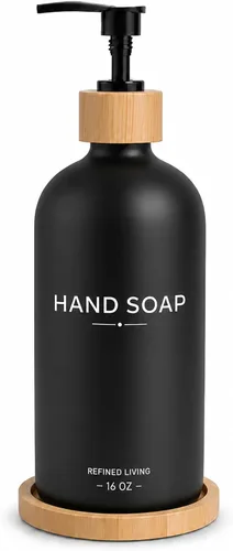 Vista 9 de Dish Soap Dispenser, 16 OZ Glass Kitchen Soap Dispenser with Bamboo Pump and Tray, Refillable Hand Soap Dispenser for Kitchen Countertop, Modern