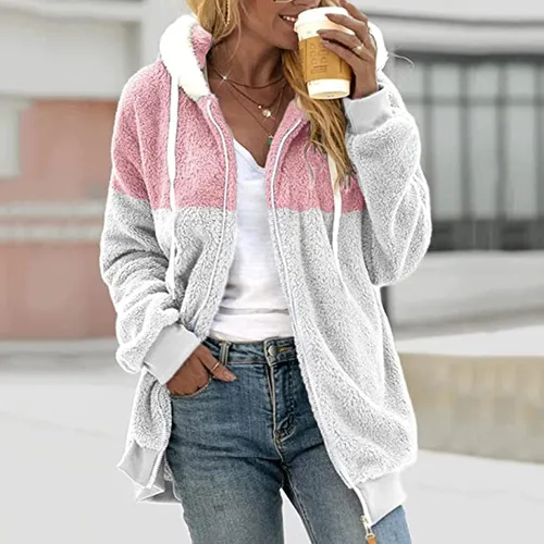 Vista 5 de Abrigo de lana de cordero en contraste para mujer, acolchado de moda para otoño e invierno, holgado, de felpa, resistente al viento, con capucha