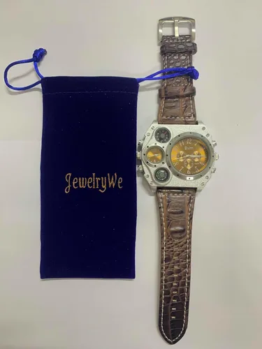 Vista 7 de JewelryWe Reloj militar para hombre, 2 zonas horarias, reloj de cuarzo grande, reloj de pulsera de cuero para hombre, reloj deportivo casual