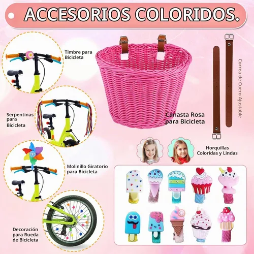 Vista 5 de Cesta de Bicicleta para Niños, Cesta de Bicicleta Desmontable para Niñas con Coloridas Serpentinas de Bicicleta, Campana de Bicicleta, Molinillo
