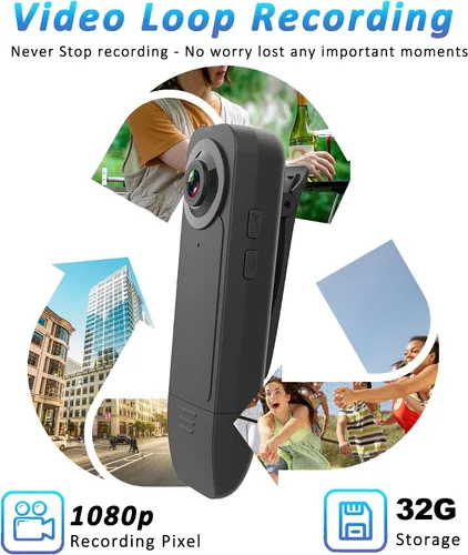 Vista 3 de Mini cámara corporal con grabación de audio y video, pequeña cámara POV 1080P con tarjeta de 16G, grabadora portátil personal portátil