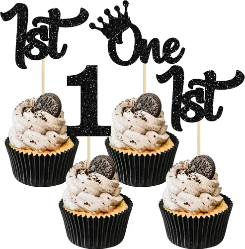 Vista 14 de 24 adornos para cupcakes de primer cumpleaños con purpurina para decoración de pastel de primer cumpleaños, selecciones de cupcakes para niños, baby