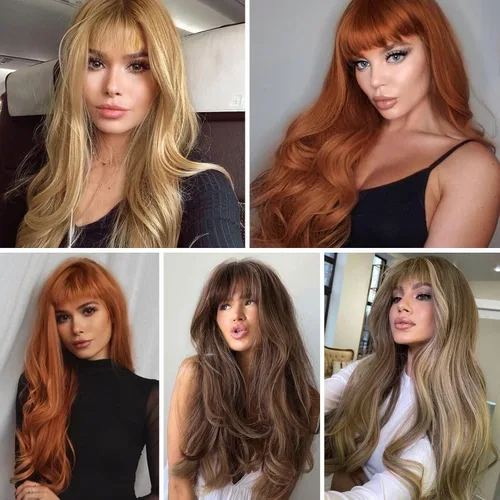 Vista 6 de HAIRCUBE - Peluca castaña con flequillo para mujer, peluca larga ondulada rizada para mujer, pelucas sintéticas onduladas rizadas para niñas, de 26