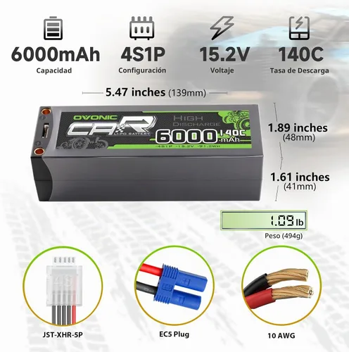 Vista 2 de OVONIC 4S LiPo Batería 6000mAh 15.2V Alto Voltaje 140C RC Batería con 0.197 in Bullet a EC5 Conector (2 unidades)