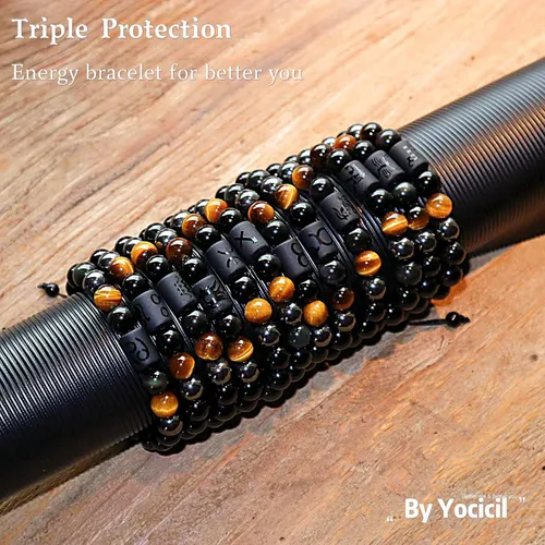 Vista 9 de Pulseras de la amistad, pulsera de obsidiana negra arcoíris para mujeres y hombres, 0.394 pulgadas (0.394 in), ojo de tigre, hematita y cristal