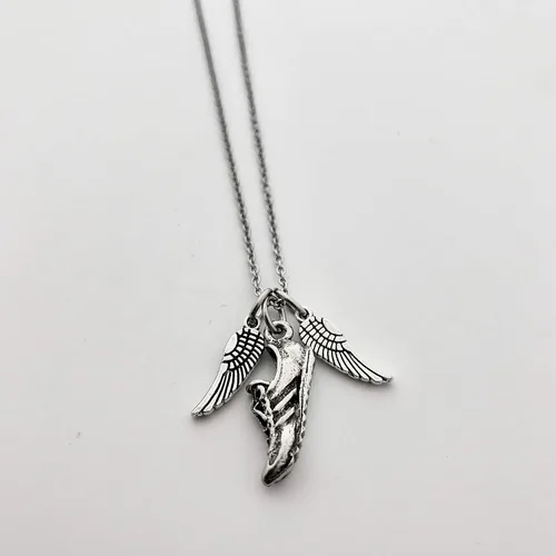 Vista 2 de I Run With Wings On The Soles Of My Shoes Necklace - Pewter Wings and Pewter Running Shoe Charm on 18 inch Stainless Steel Cable Chain