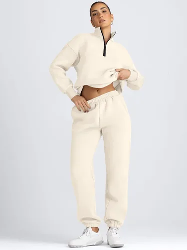 Vista 3 de AUTOMET Conjunto deportivo de 2 piezas para mujer, manga larga, media cremallera y pantalones deportivos holgados con bolsillos
