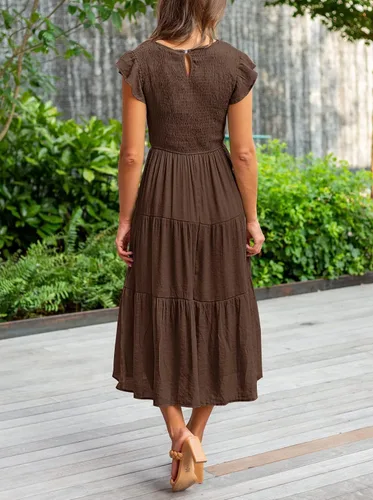 Vista 4 de MEROKEETY - Vestido midi fruncido de manga corta para mujer, vestido de verano casual, acampanado, con cintura elástica y escalonado